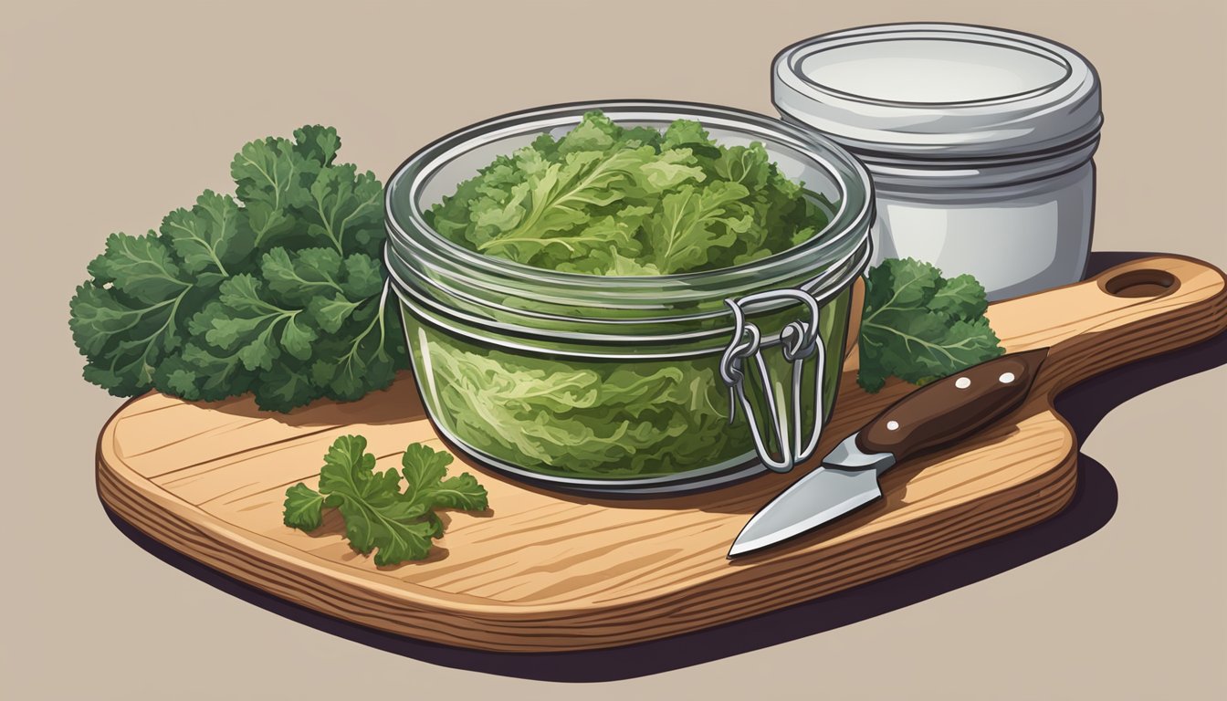 A jar of kale stem sauerkraut being served on a wooden cutting board with a knife