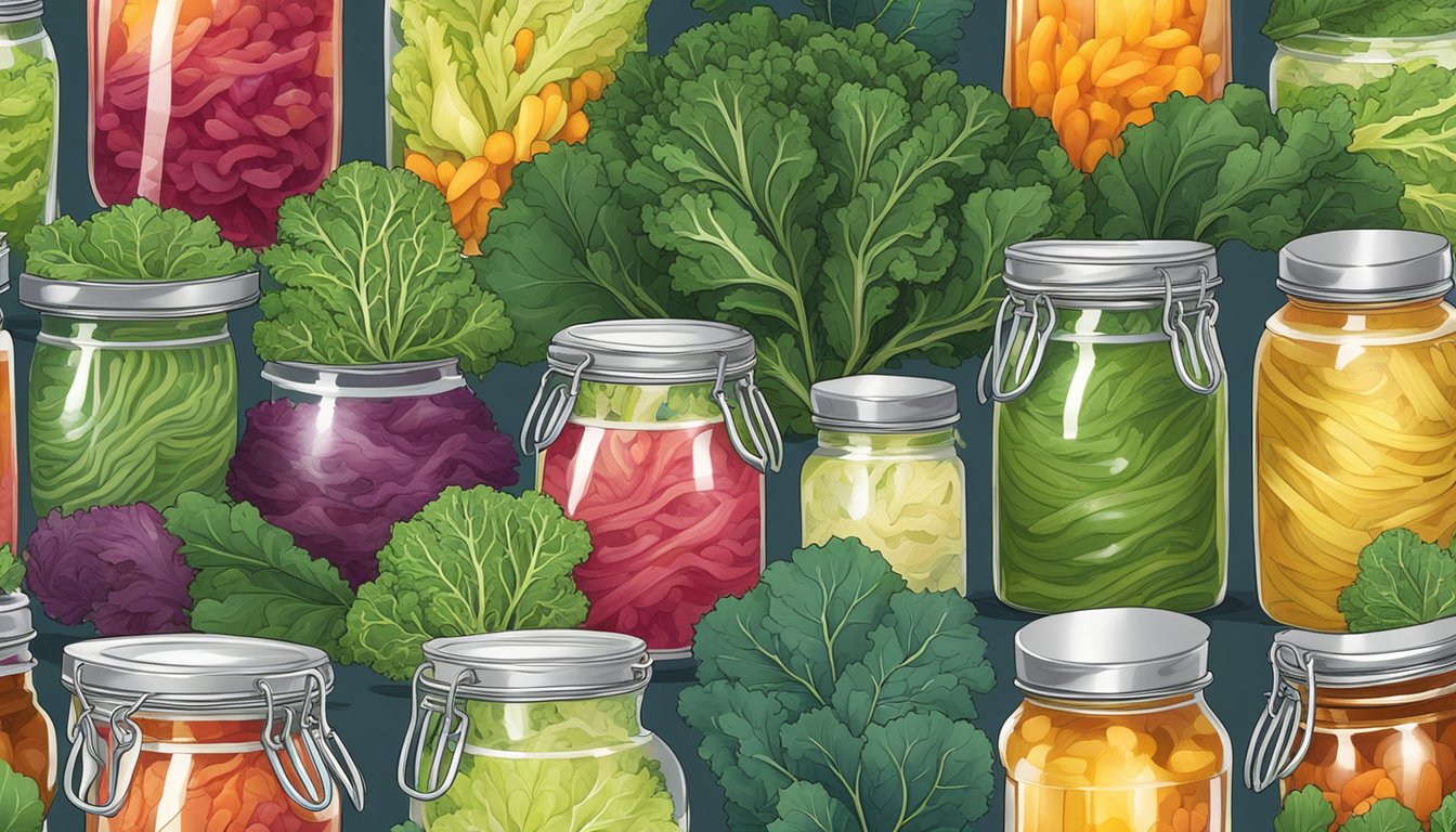 A colorful array of kale leaves and stems, surrounded by jars of tangy sauerkraut in various flavors