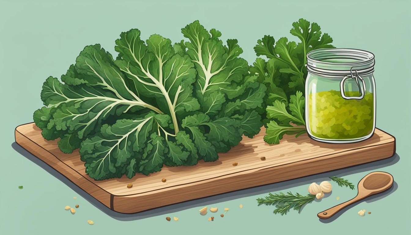 A vibrant bunch of kale leaves and stems sit on a cutting board next to a jar of homemade sauerkraut, surrounded by fresh herbs and spices