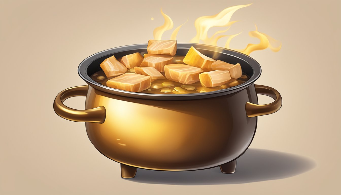 A pot of boiling oil with pieces of pig skin sizzling and turning golden brown