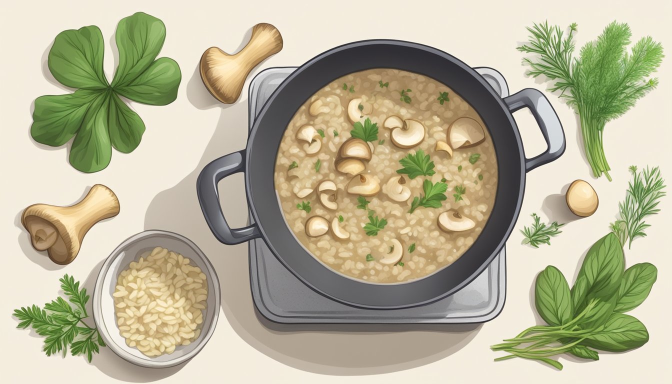 A simmering pot of mushroom risotto with visible mushroom stems and herbs