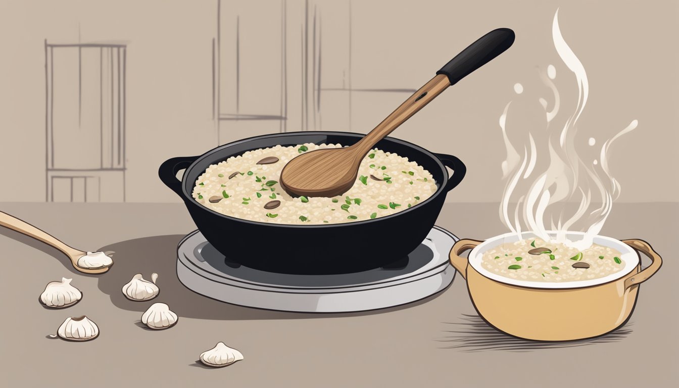 A bubbling pot of creamy mushroom risotto being stirred with a wooden spoon over a low flame. Onions and garlic sizzling in a separate pan