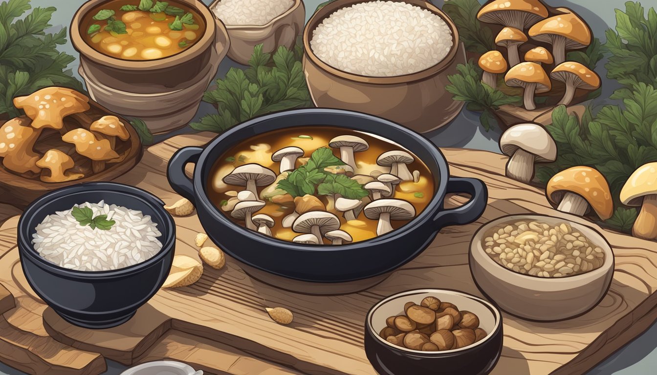 A variety of mushrooms arranged on a wooden cutting board with a bowl of rice and a pot of simmering broth