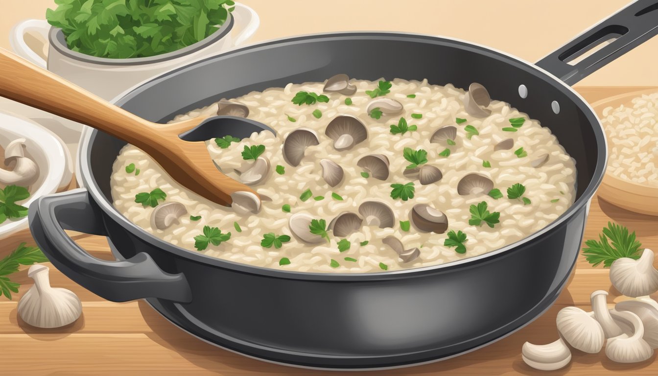 A pot of creamy mushroom risotto cooking on a stovetop, with a wooden spoon stirring the rice and mushroom stems