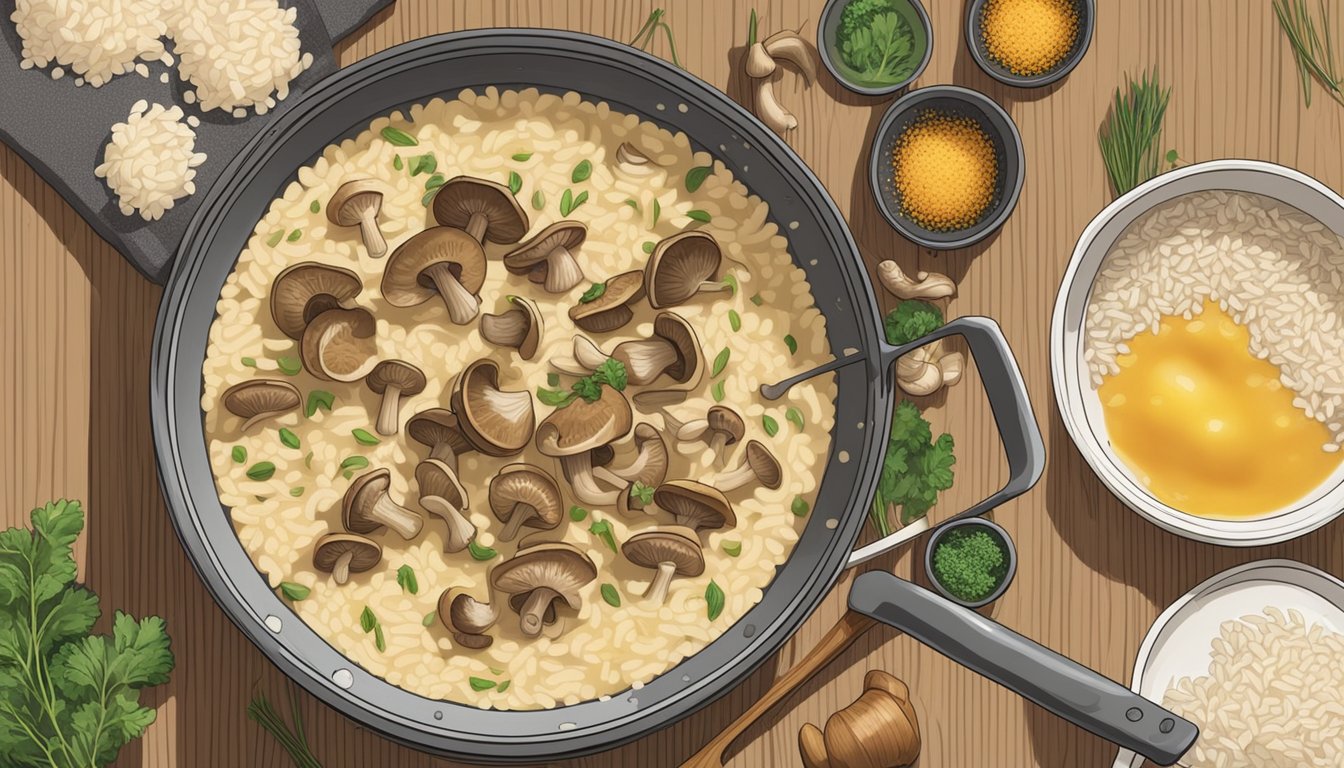 Mushroom stems sautéing in a pan, while rice simmers in broth, and a wooden spoon stirs the risotto