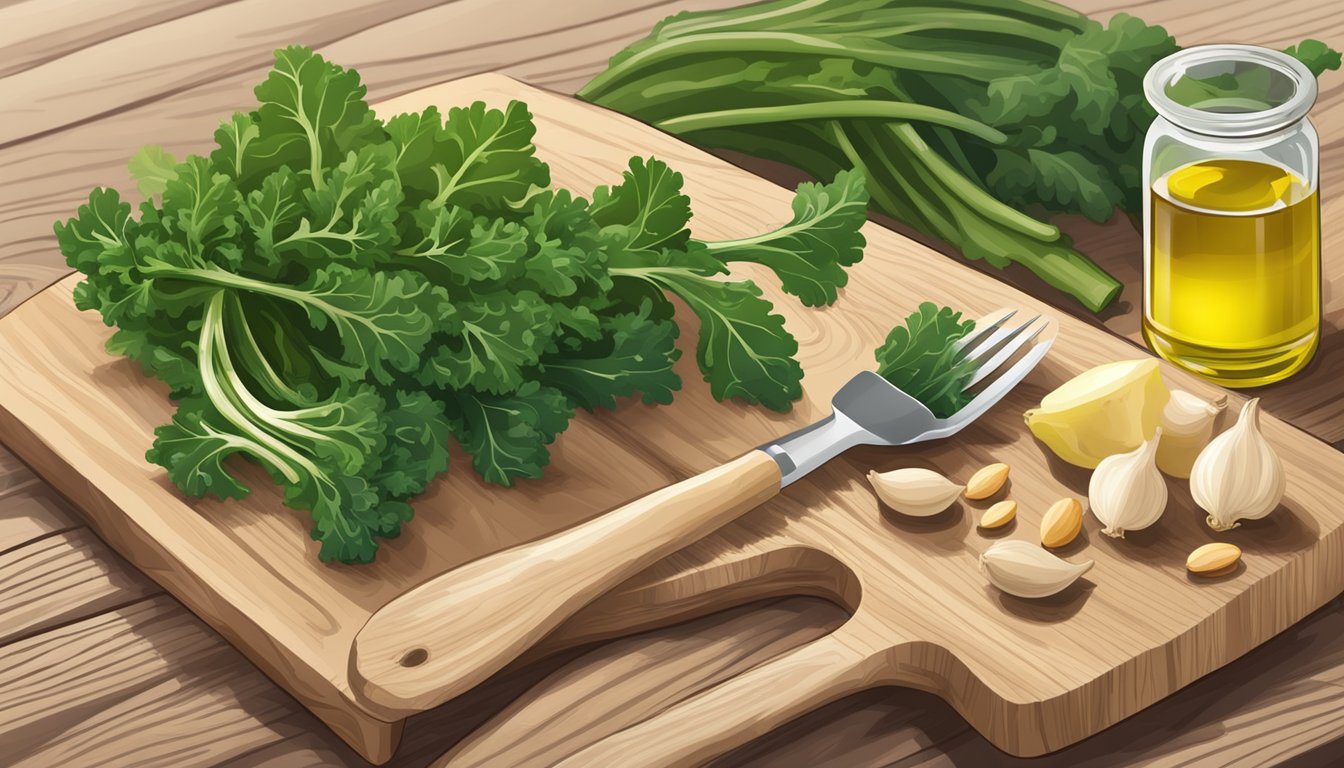 Fresh kale stems, garlic cloves, pine nuts, and olive oil arranged on a wooden cutting board