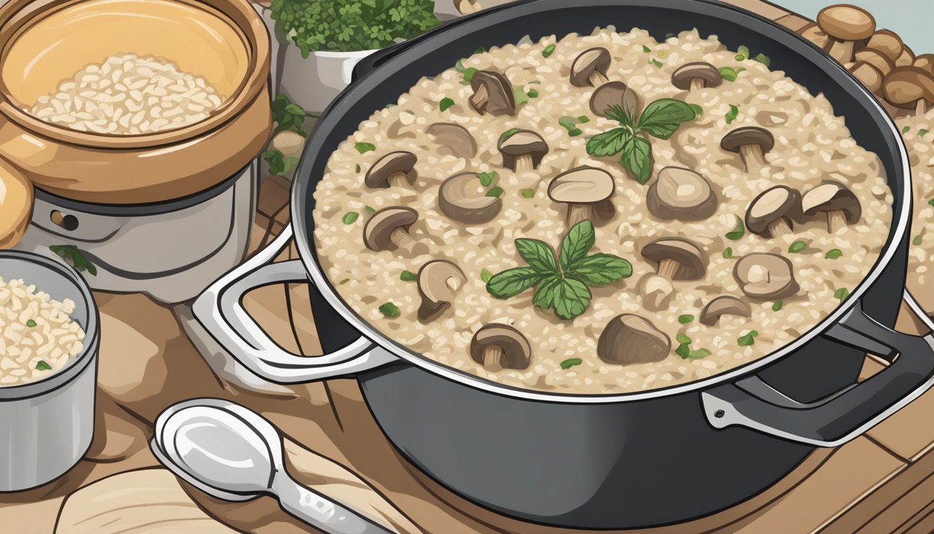 A pot of creamy mushroom risotto simmering on a stovetop, with chopped mushroom stems and Arborio rice being stirred in. Mushroom caps and herbs sit nearby