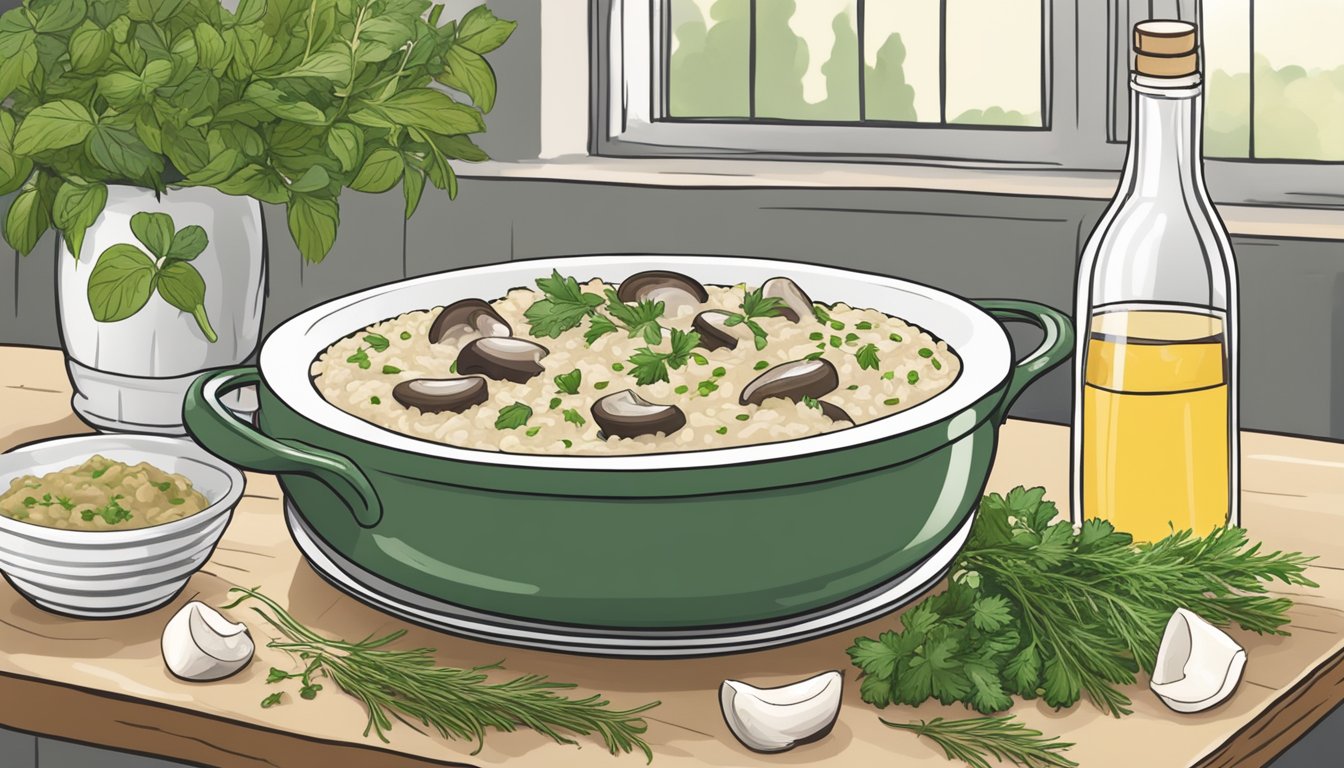 A steaming pot of creamy mushroom risotto sits next to a platter of fresh herbs, Parmesan cheese, and a bottle of white wine