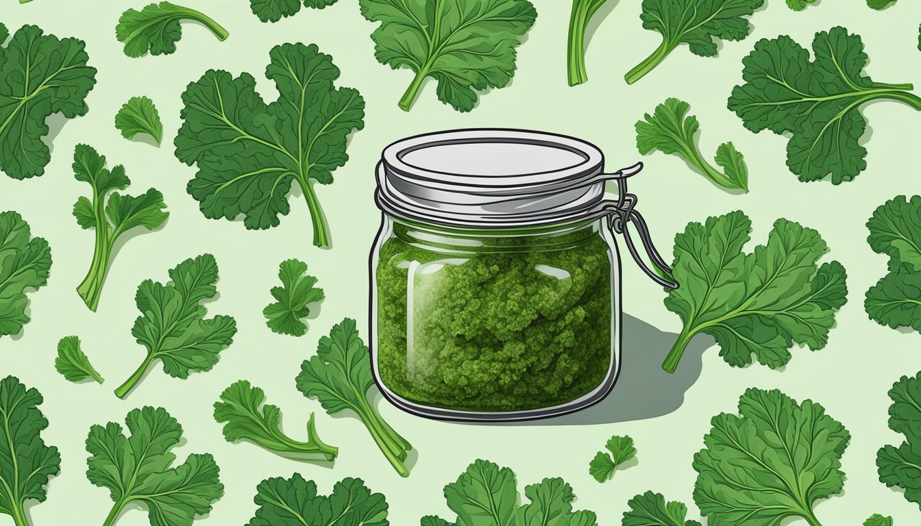 A glass jar filled with vibrant green kale stem pesto, sealed with a lid, surrounded by fresh kale leaves and stems