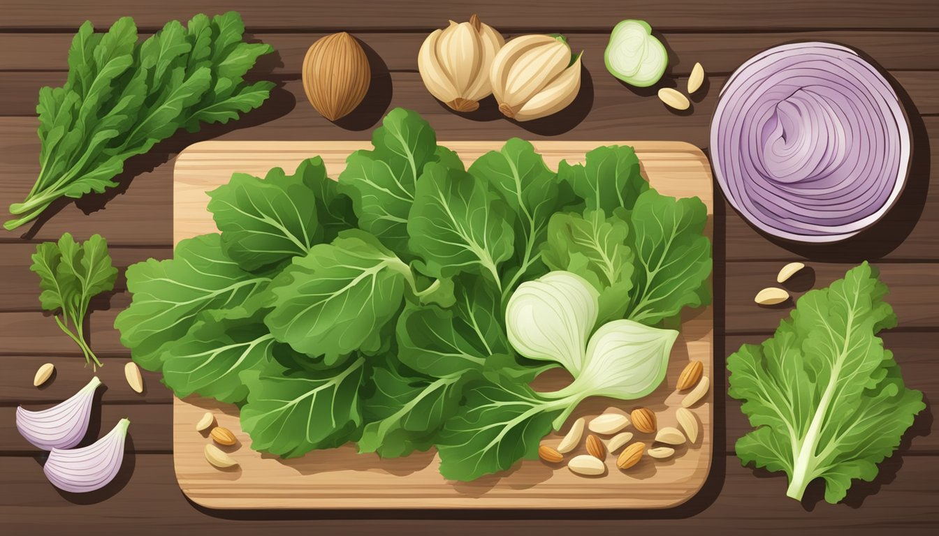 Fresh kohlrabi leaves arranged with sliced vegetables and a variety of nuts on a wooden cutting board