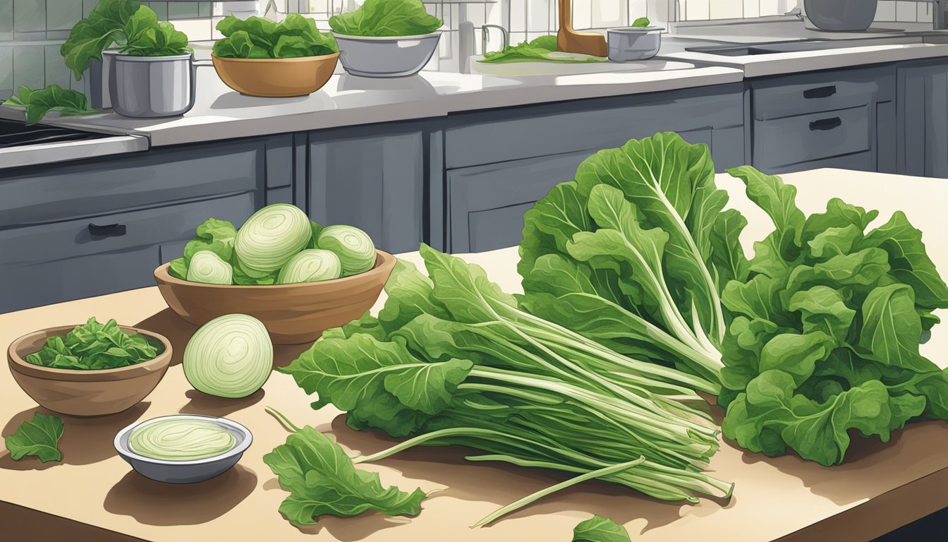 Kohlrabi leaves being used to wrap various ingredients in a kitchen setting