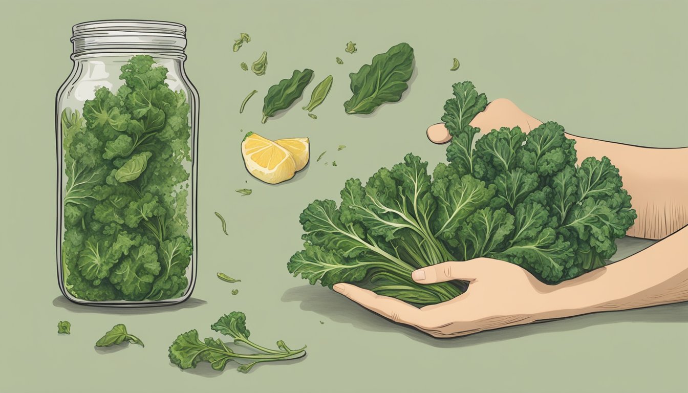 A hand reaching for a kale stem, surrounded by discarded vegetable scraps and a jar of pesto