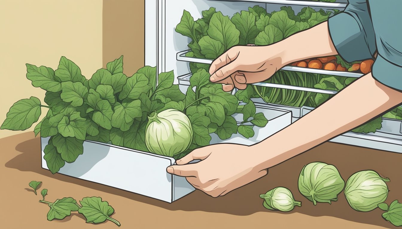 A hand reaching for a kohlrabi with leaves attached, then placing it in a refrigerator drawer