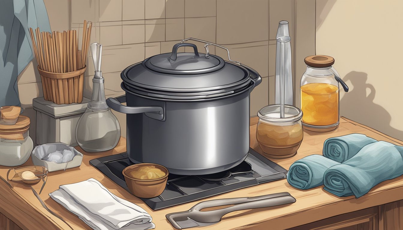 A pot of onion skin dye sits on a stove, surrounded by various fabric swatches and a pair of tongs. A steaming pot of water stands nearby