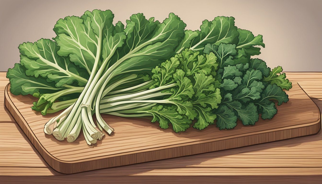 A vibrant bunch of kale stems, leaves, and slaw ingredients arranged on a wooden cutting board