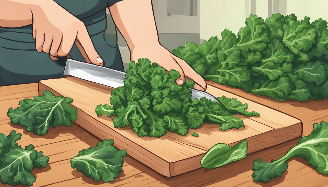 Fresh kale leaves being washed and chopped on a wooden cutting board with a sharp knife