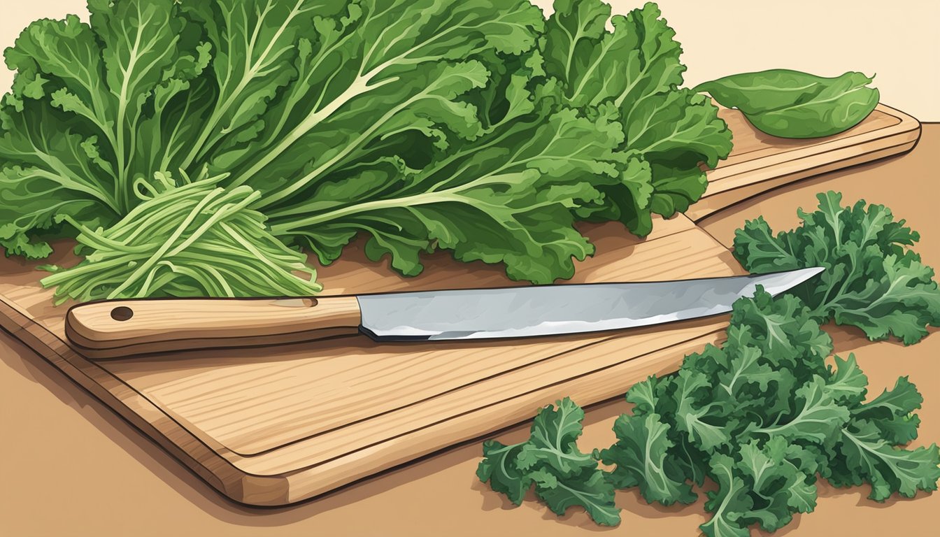 A cutting board with kale stems, a sharp knife, and a bowl of shredded kale leaves