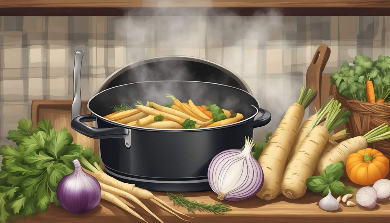 A rustic kitchen with a pot simmering on a stove, filled with parsnips, onions, and herbs, surrounded by fresh vegetables and a basket of parsnips