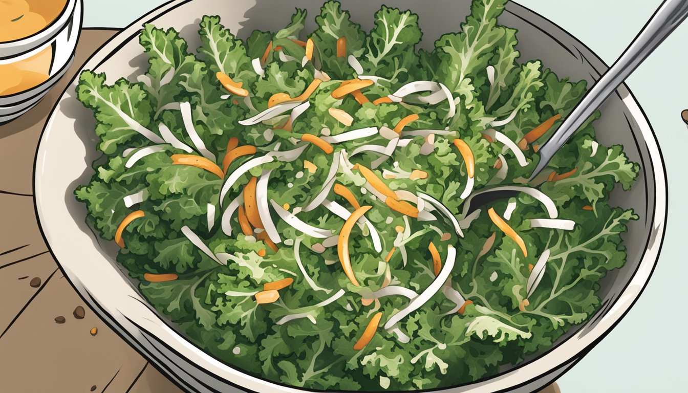 A bowl of kale stem slaw being tossed with dressings and seasonings