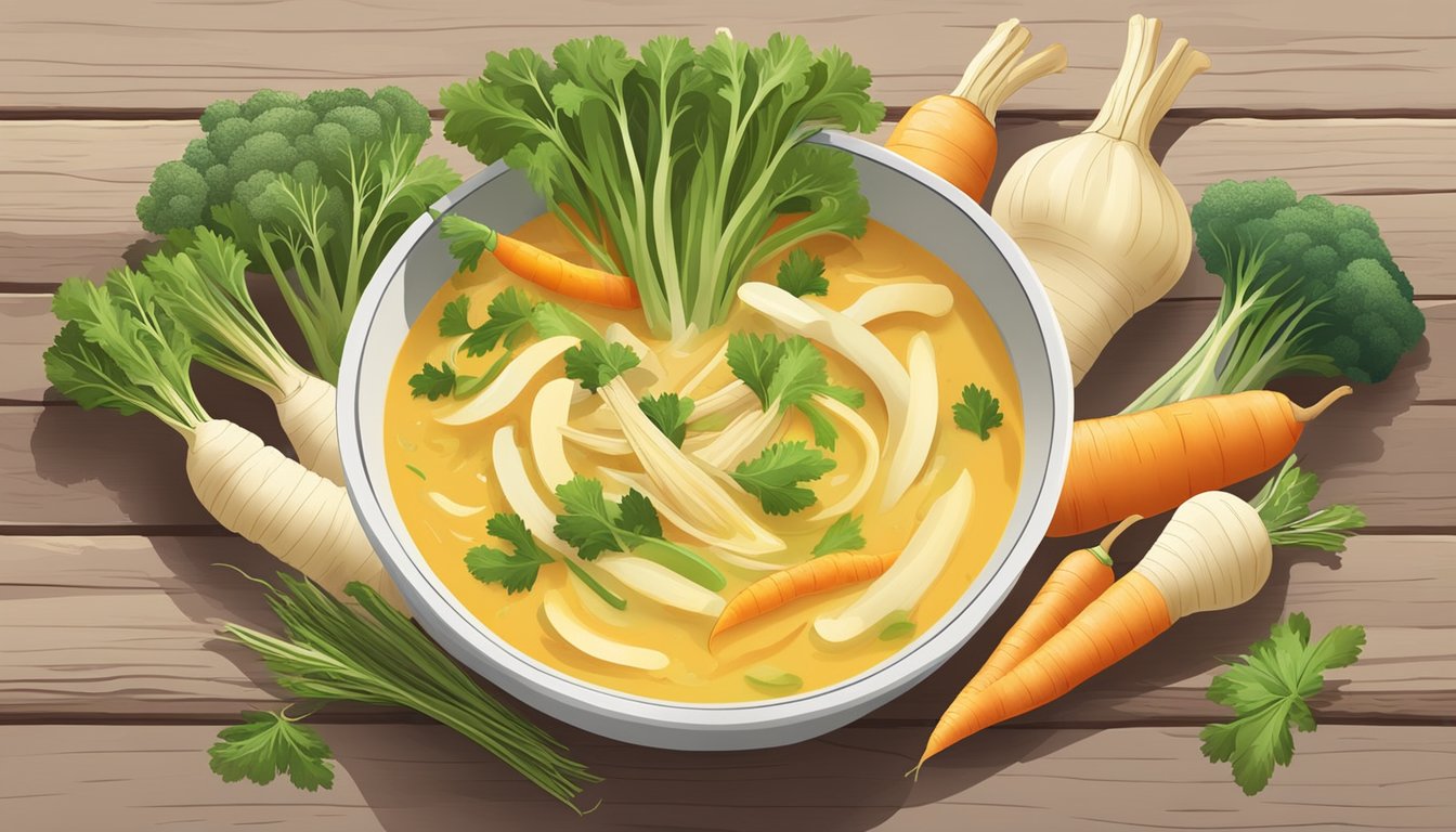 A steaming bowl of parsnip peel soup surrounded by fresh, vibrant parsnips and other colorful vegetables on a rustic wooden table