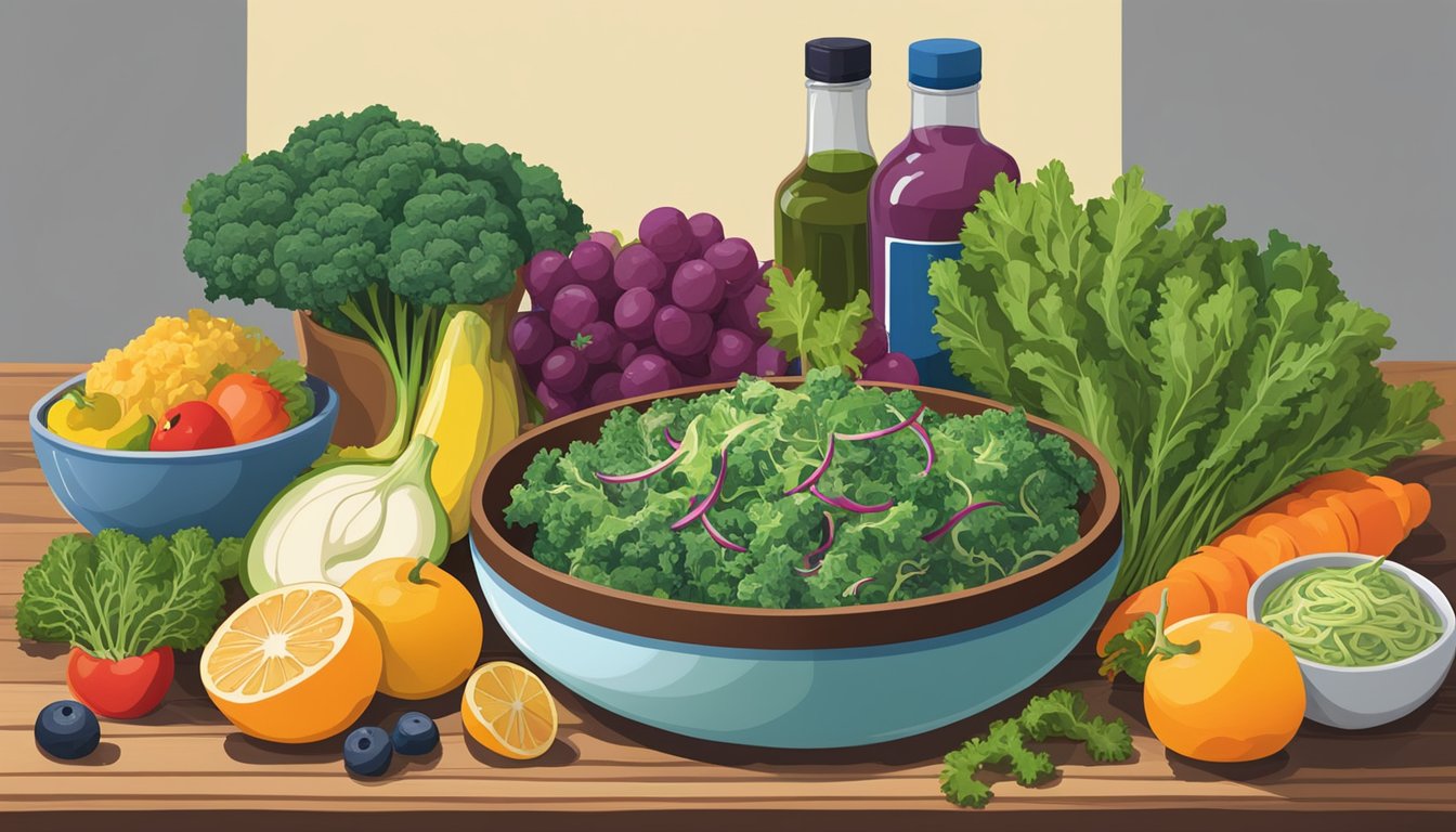 A wooden table with a bowl of kale stem slaw, surrounded by colorful fruits and vegetables, with a bottle of vinaigrette on the side