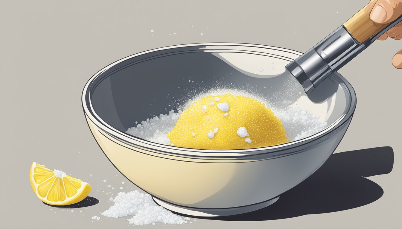 Lemon peel being grated into a bowl of salt