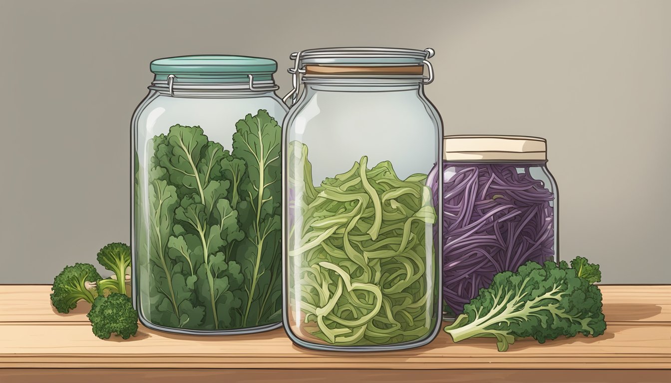 A glass jar filled with kale stem slaw sits on a wooden shelf, surrounded by other preserved foods