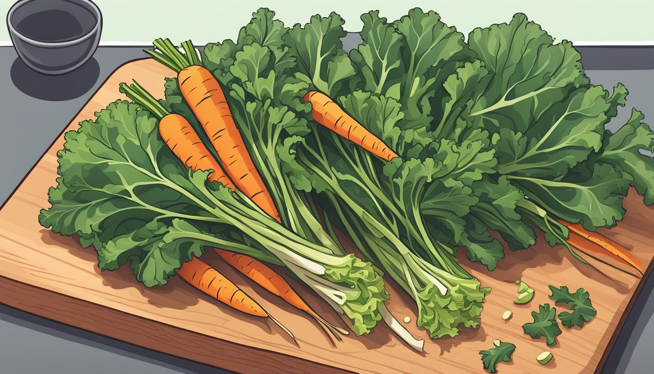 A colorful pile of kale stems, carrot shavings, and other vegetable scraps arranged on a cutting board