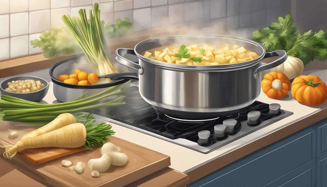 A pot simmers on the stove, steam rising as parsnips are peeled and chopped for soup. Ingredients and utensils are neatly arranged on the counter