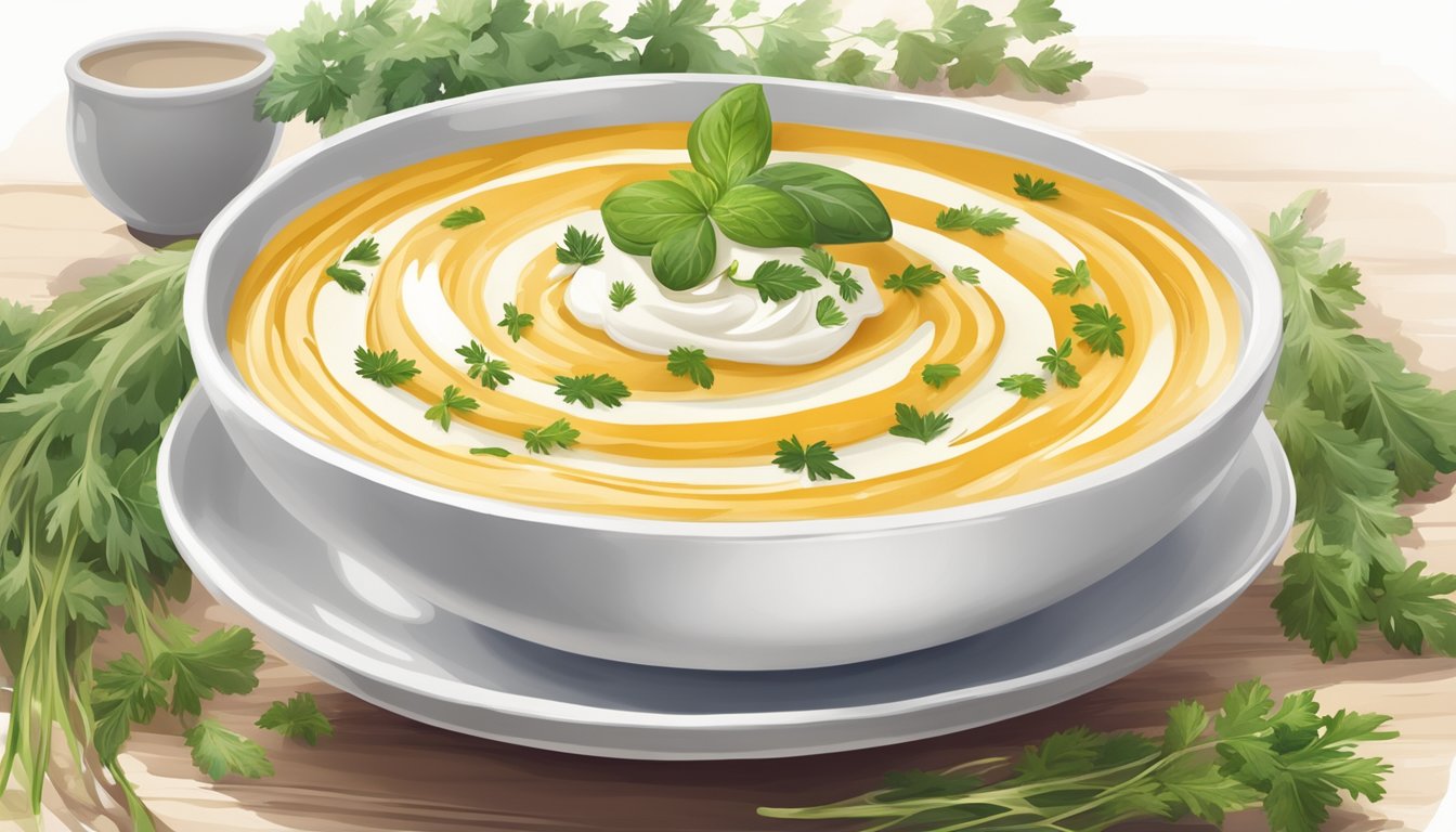 A bowl of parsnip peel soup topped with swirls of cream and a sprinkle of fresh herbs