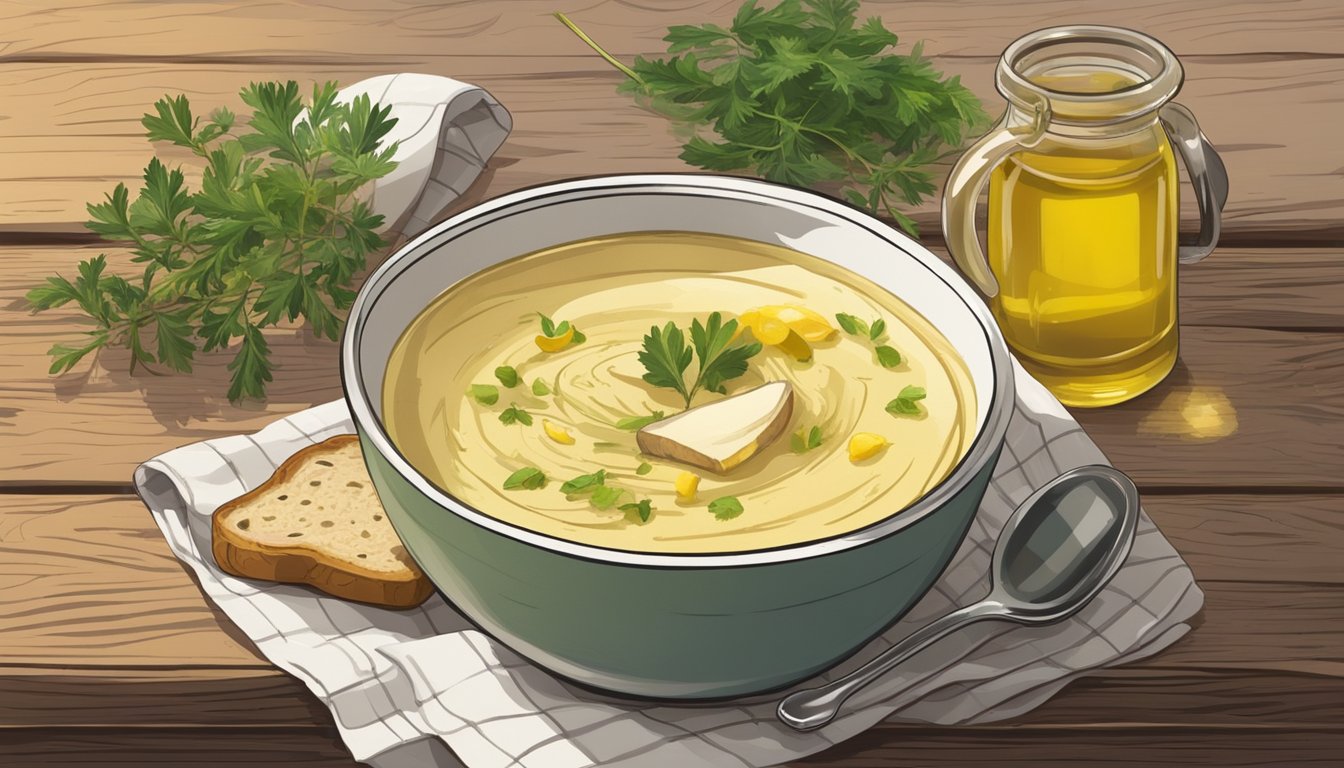 A steaming bowl of parsnip peel soup sits on a rustic wooden table, accompanied by a slice of crusty bread and a small dish of herb-infused olive oil