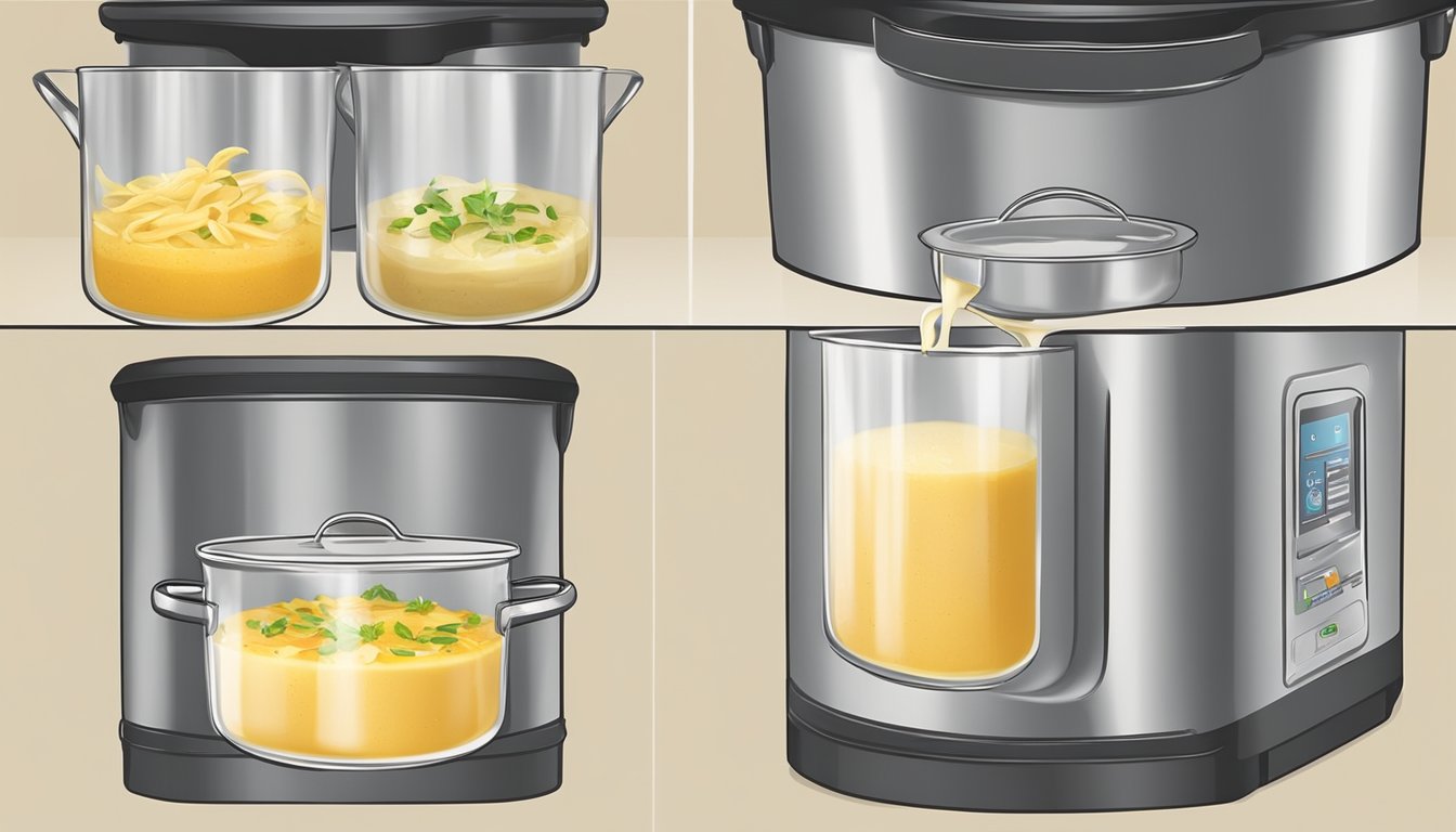 A pot of parsnip peel soup being poured into a storage container, then placed in a refrigerator. Later, the soup being reheated in a pot on a stovetop