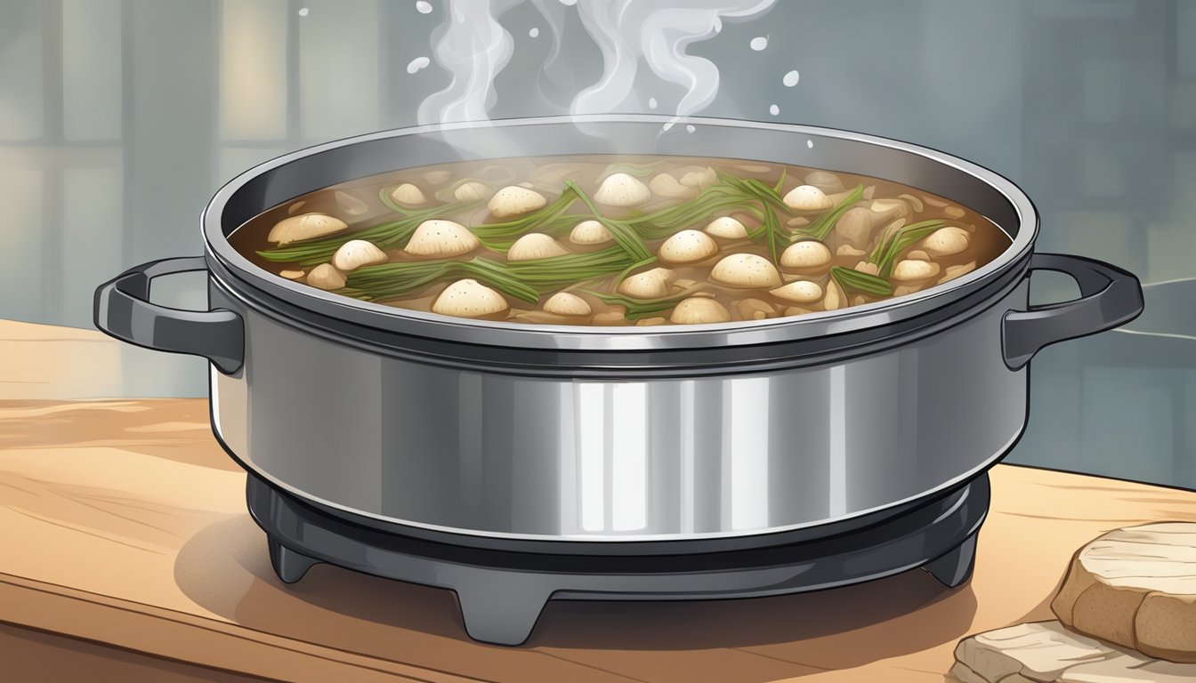 A pot simmering on a stove, filled with chopped mushroom stems and water. Steam rises from the pot as the broth cooks