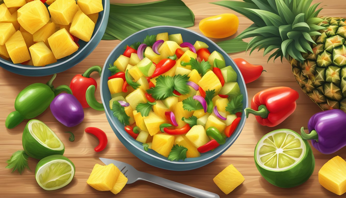 A bowl of vibrant pineapple core salsa surrounded by fresh pineapple chunks and colorful peppers on a wooden table