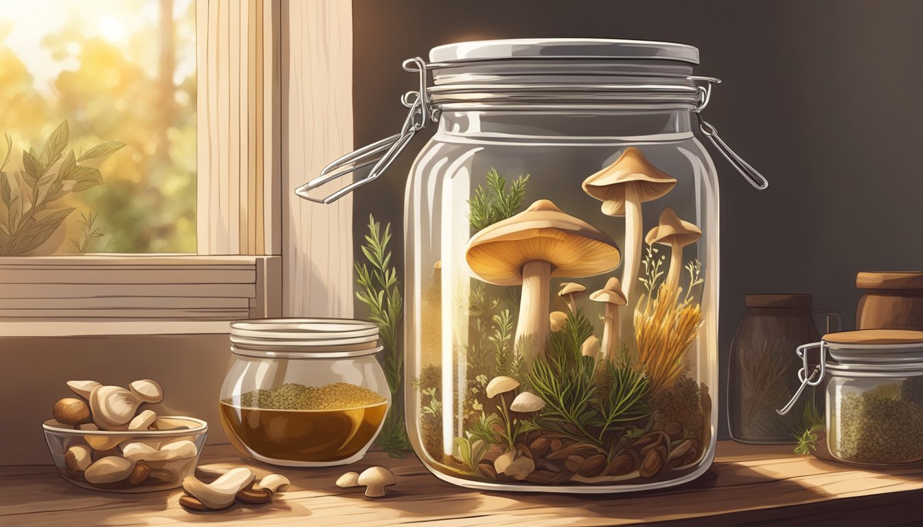 A glass jar filled with mushroom stem broth sits on a wooden shelf, surrounded by dried herbs and spices. Sunlight filters through a nearby window, casting a warm glow on the scene