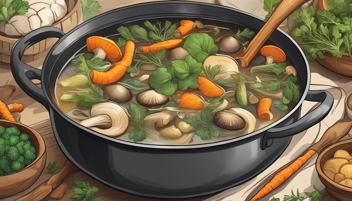 A pot simmering with mushroom stems, vegetables, and herbs for making flavorful broth