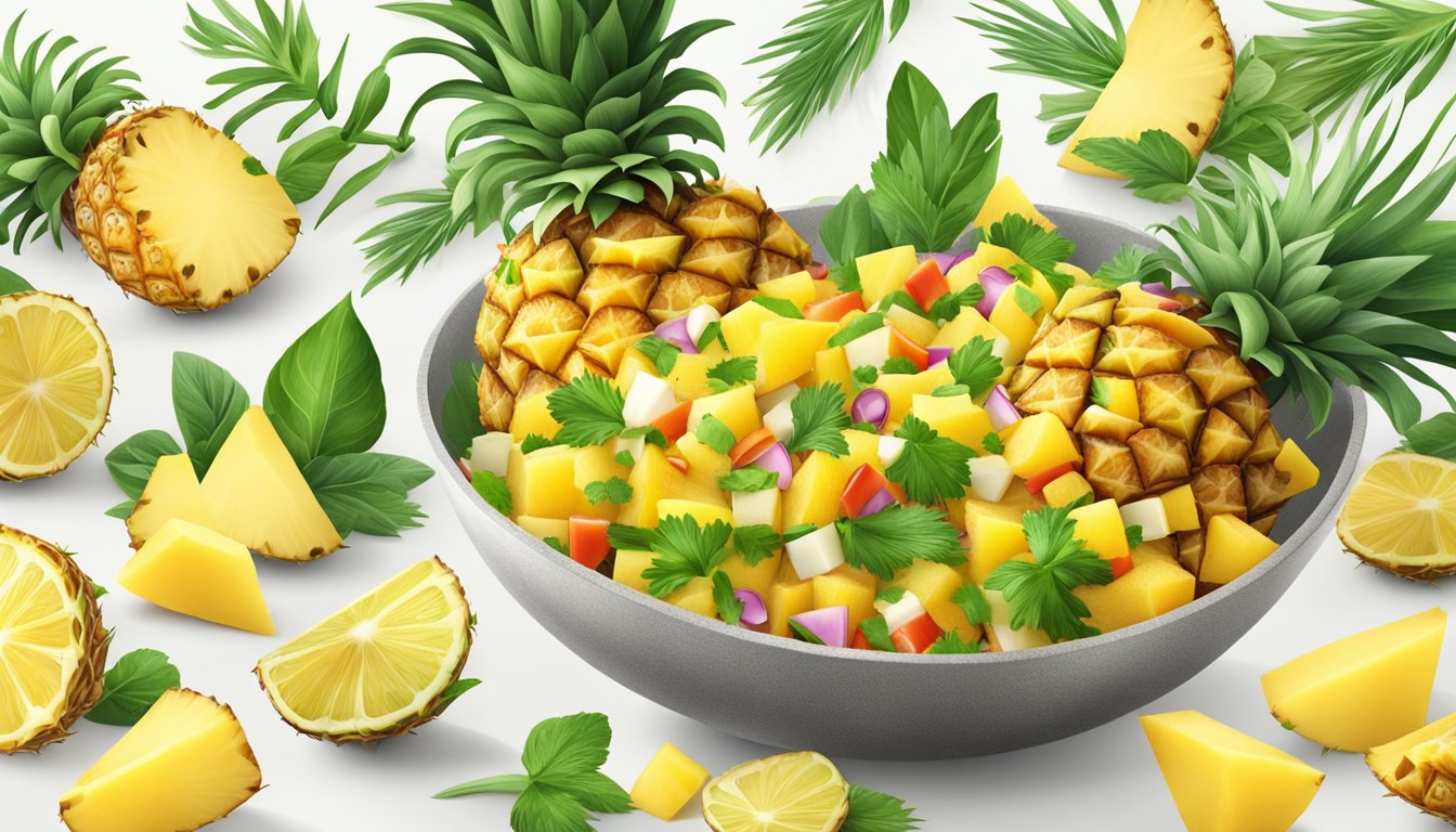 A vibrant pineapple core salsa served in a bowl surrounded by slices of fresh pineapple and colorful herbs