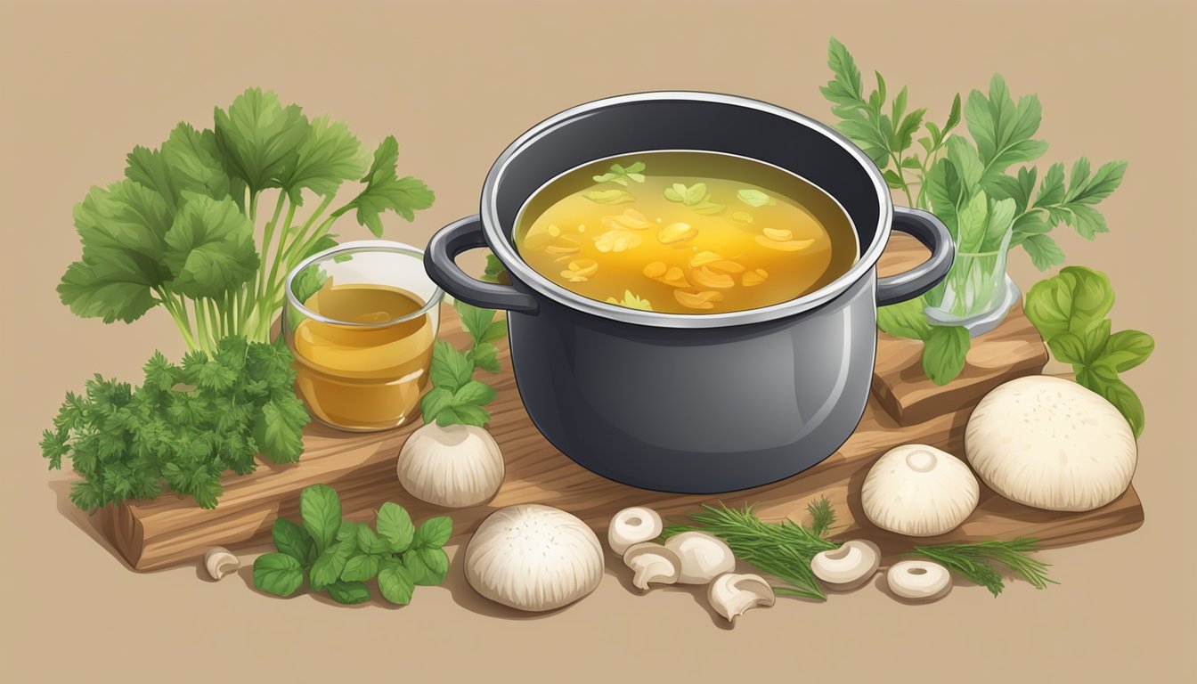 A pot of simmering mushroom stem broth with added nutritional ingredients and herbs