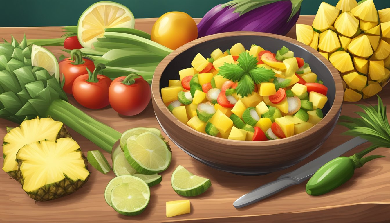 A bowl of pineapple core salsa surrounded by fresh pineapple chunks and colorful vegetables on a wooden cutting board