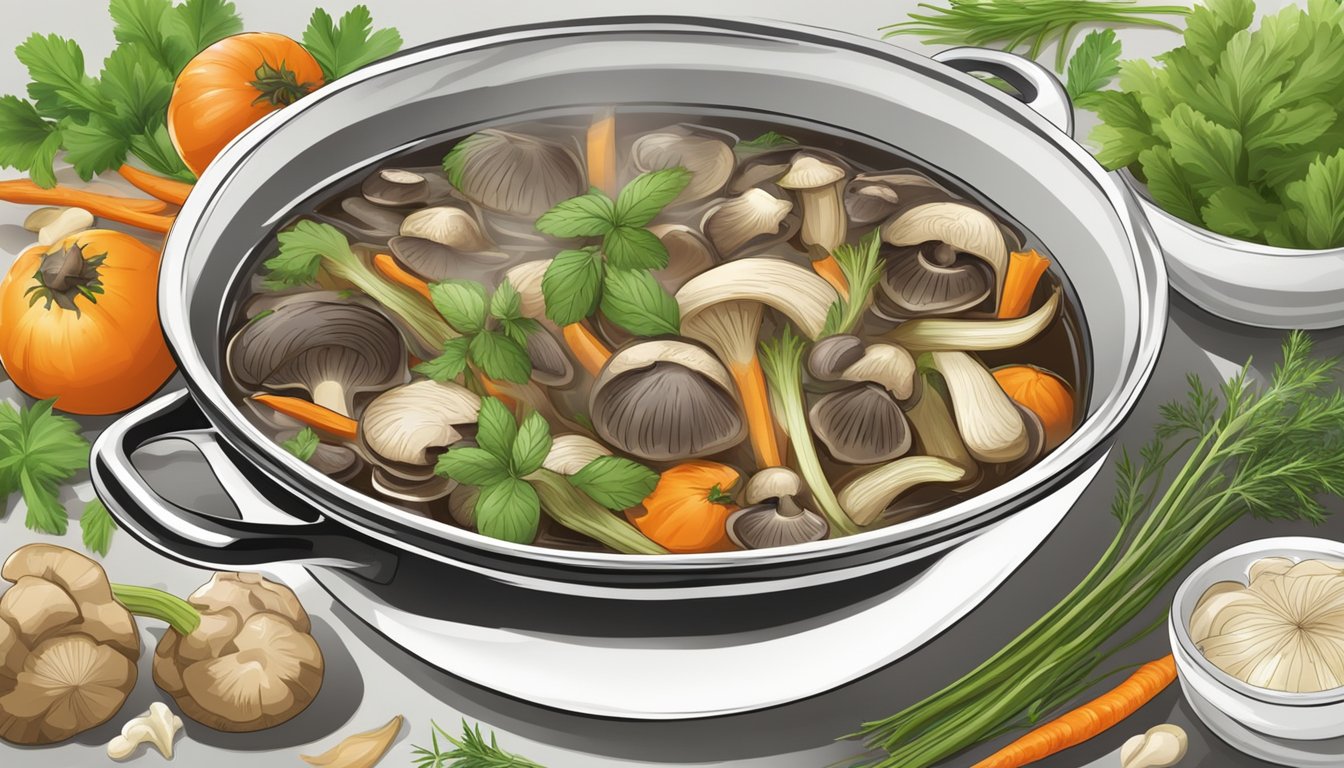 A pot of simmering mushroom stems in a broth, surrounded by fresh vegetables and herbs