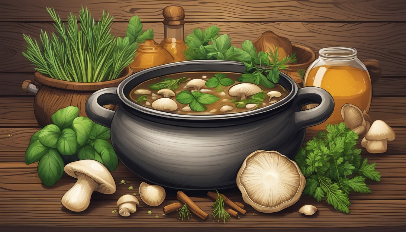 A bubbling pot of mushroom stem broth surrounded by fresh herbs and spices on a rustic wooden table