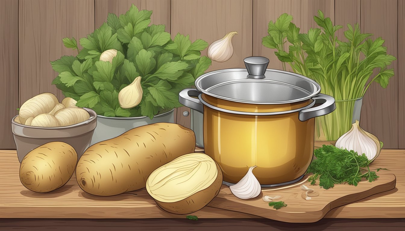 A steaming pot of potato peel broth surrounded by fresh potato peels, onion, and herbs on a wooden cutting board