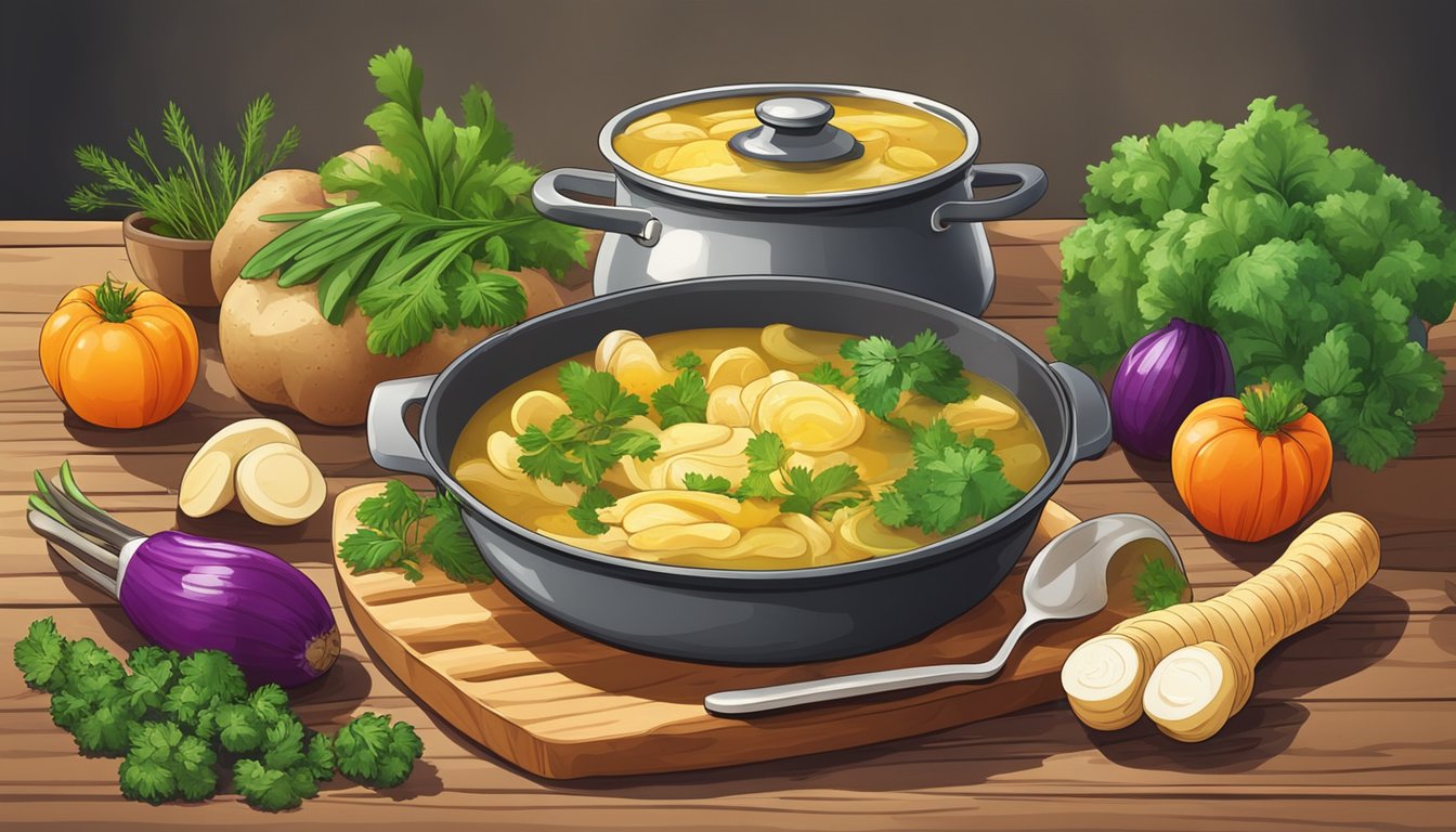 A pot of simmering potato peel broth surrounded by fresh vegetables and herbs on a rustic kitchen counter