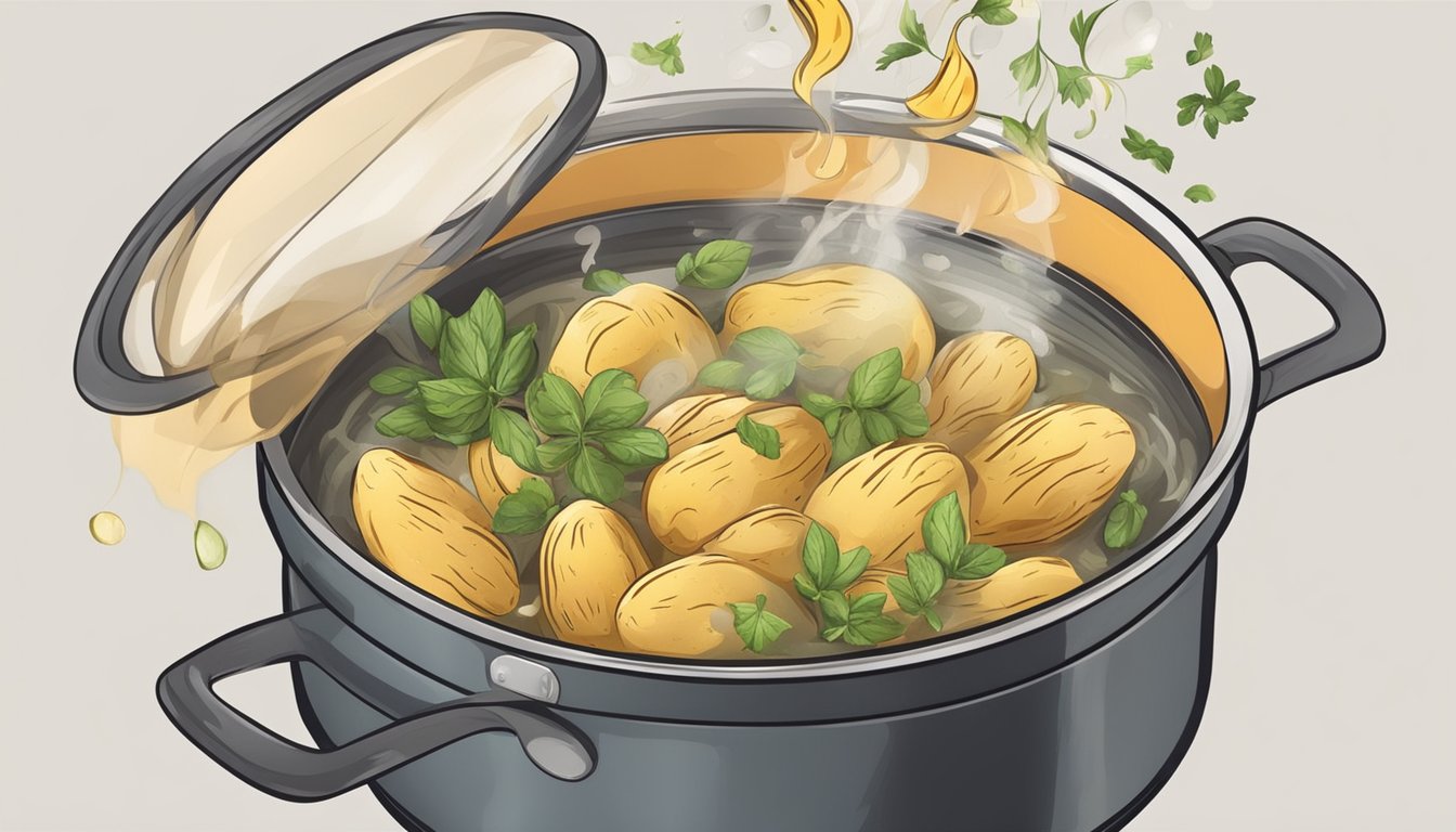 Potato peels simmer in a pot with water, herbs, and spices. A fragrant steam rises as the broth cooks on the stove