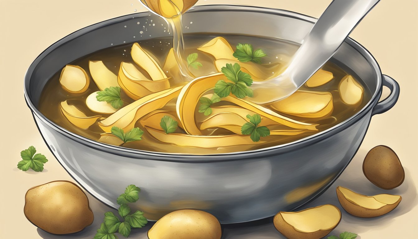 Potato peels simmer in a pot of water, releasing their starchy essence into a flavorful broth