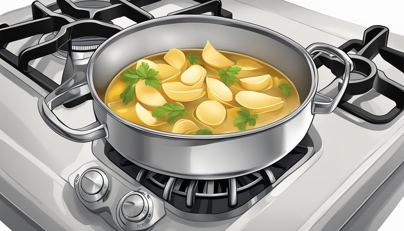 A simmering pot of potato peel broth on a stovetop