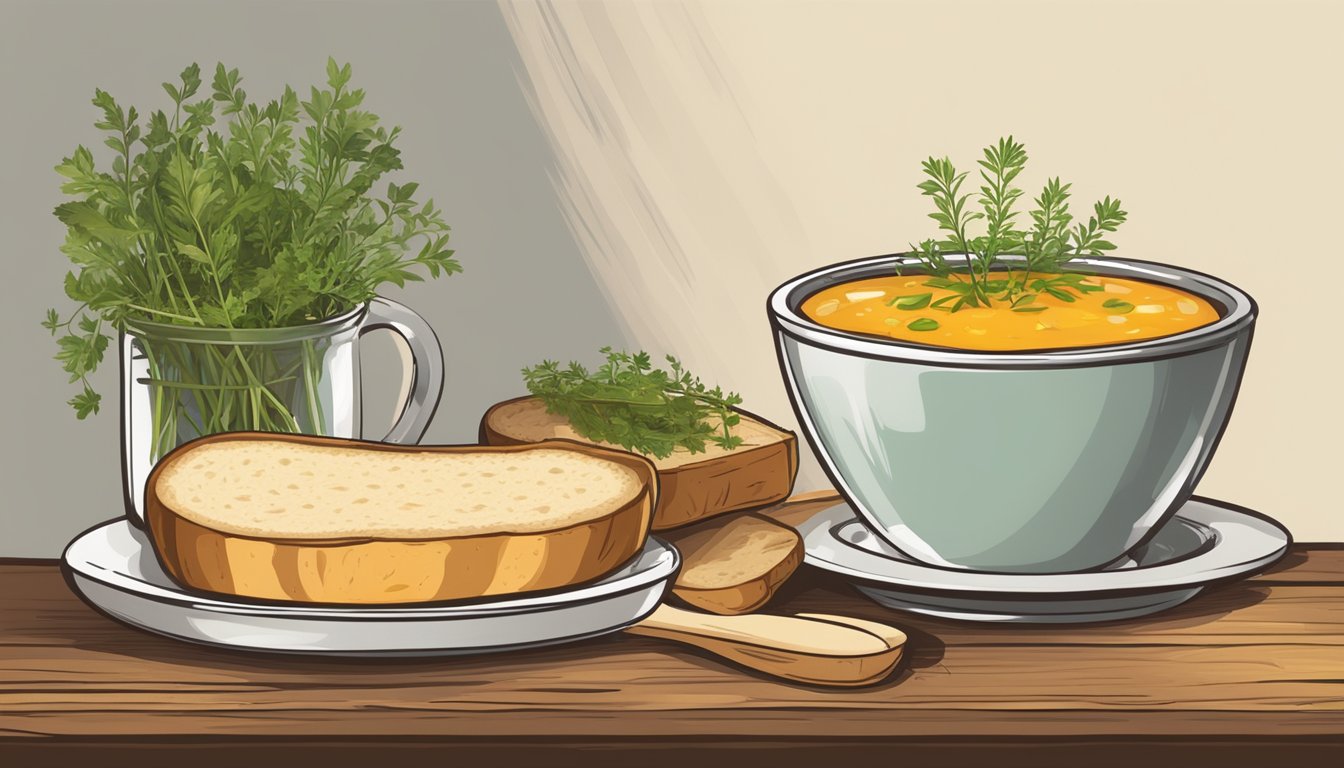 A rustic wooden table set with a steaming bowl of potato peel broth, accompanied by a loaf of crusty bread and a sprig of fresh herbs