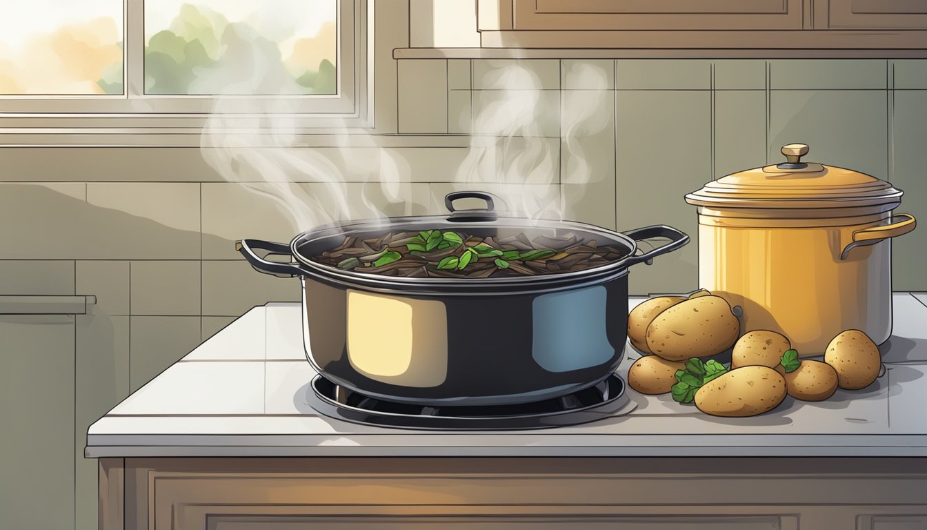 A pot simmering on a stove with potato peels and water, steam rising. A compost bin nearby