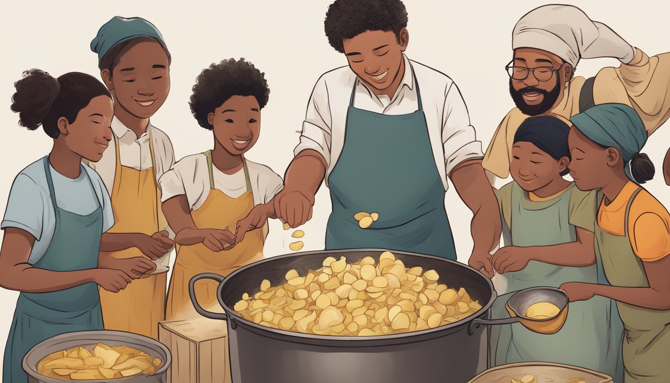 A diverse group gathers around a large pot, stirring and adding ingredients to create a communal batch of potato peel broth