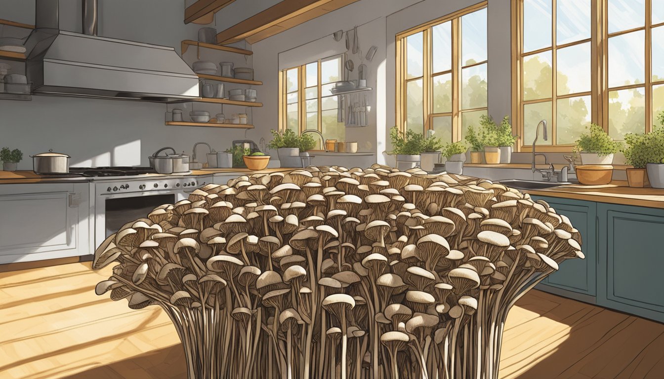 A cluster of mushroom stems, sliced and drying on a wire rack in a sunlit kitchen